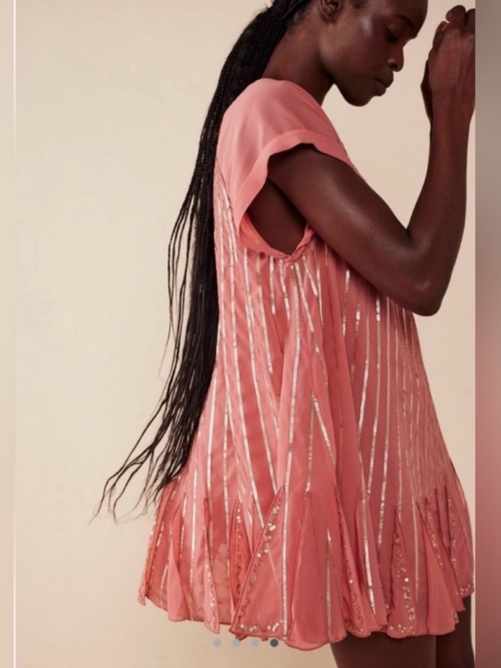 Free People Mint Julep Sequin Coral Flowy Mini Dress Large Chiffon Flapper Boho - Picture 2 of 14
